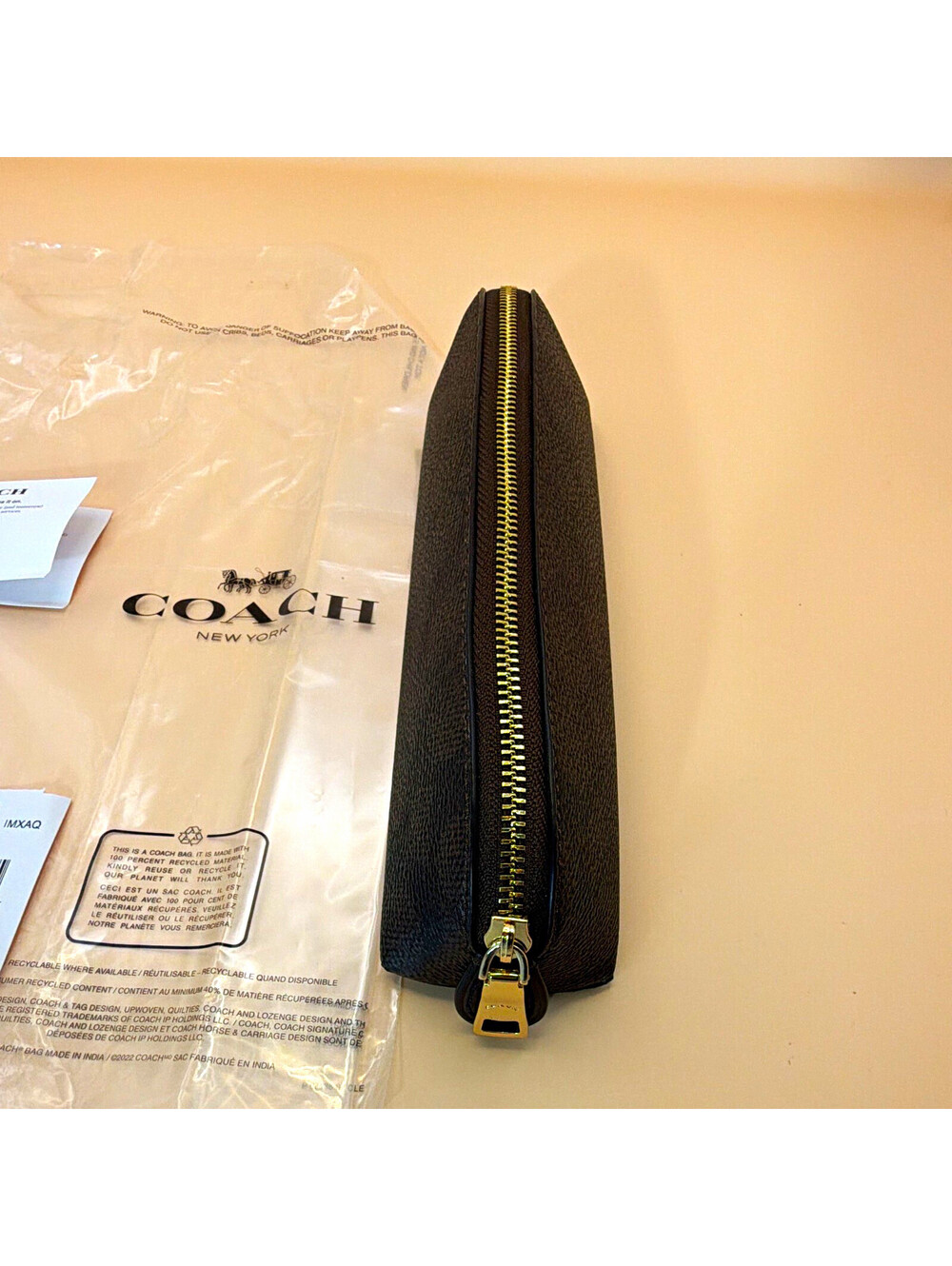 Coach Signature Zip Pencil Case Pouch Zipper Accent Walnut Black Women